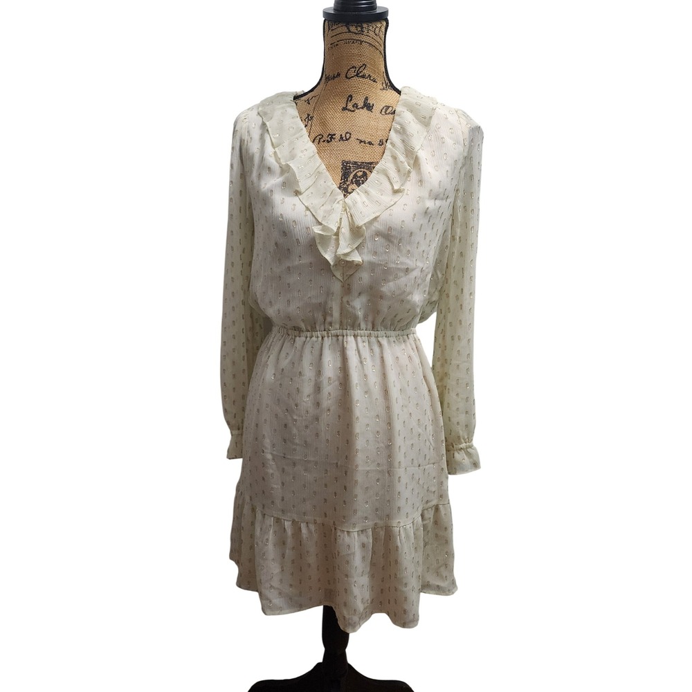 LOFT Women's Dress‎ Size S Long Sleeve Ruffle Neck Tiered Sheer Gold Accents